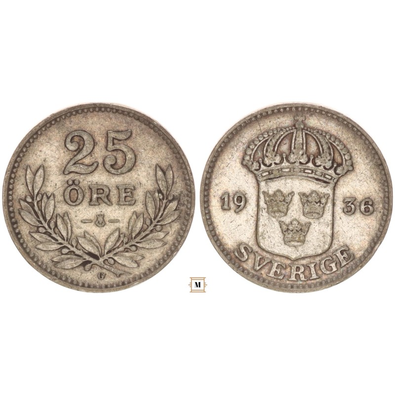 Svédország V.Gusztáv 25 öre 1936